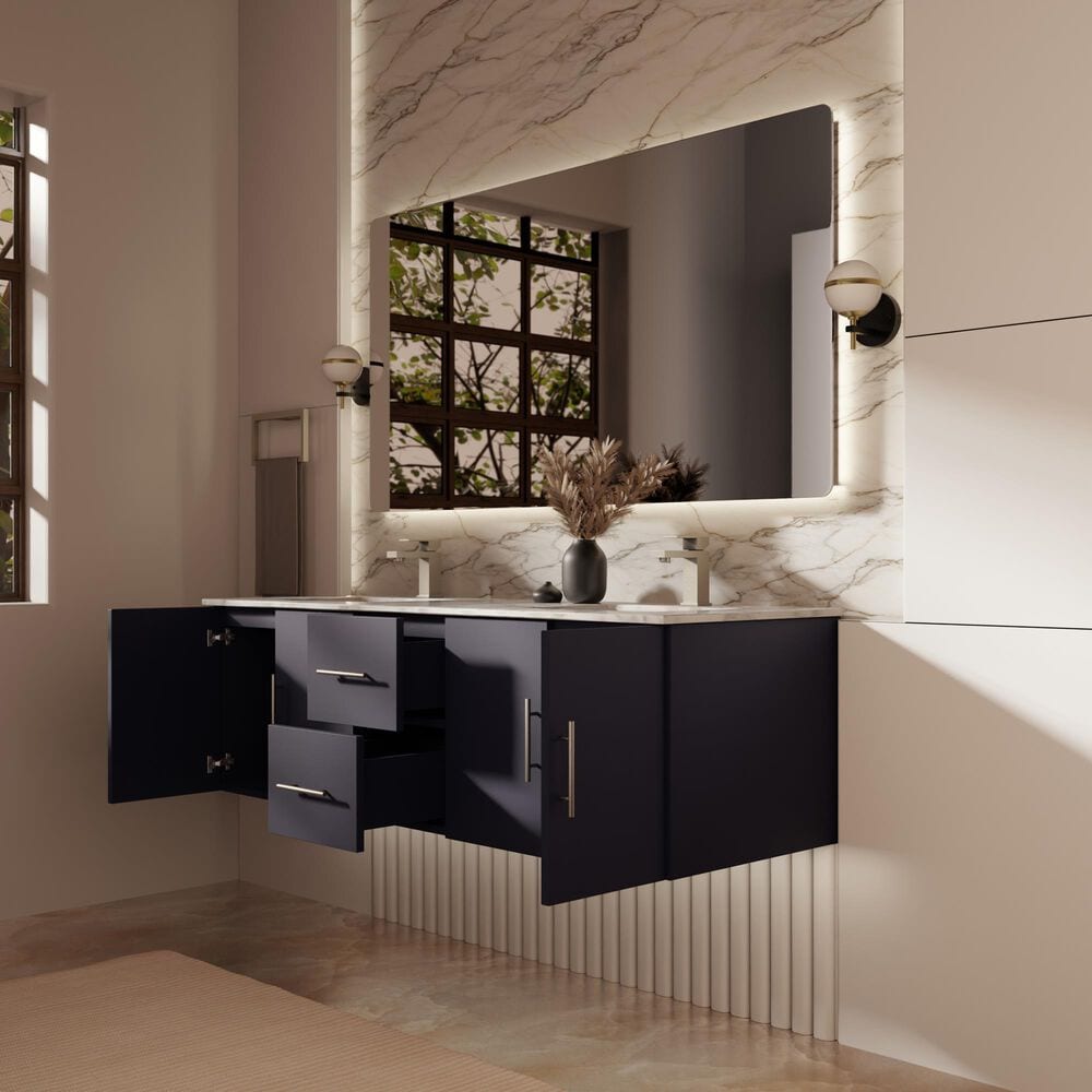 Lexora Home Geneva 60" Double Bathroom Vanity in Navy Blue with 2 cm White Carrara Marble Top and Rectangular Sinks, , large