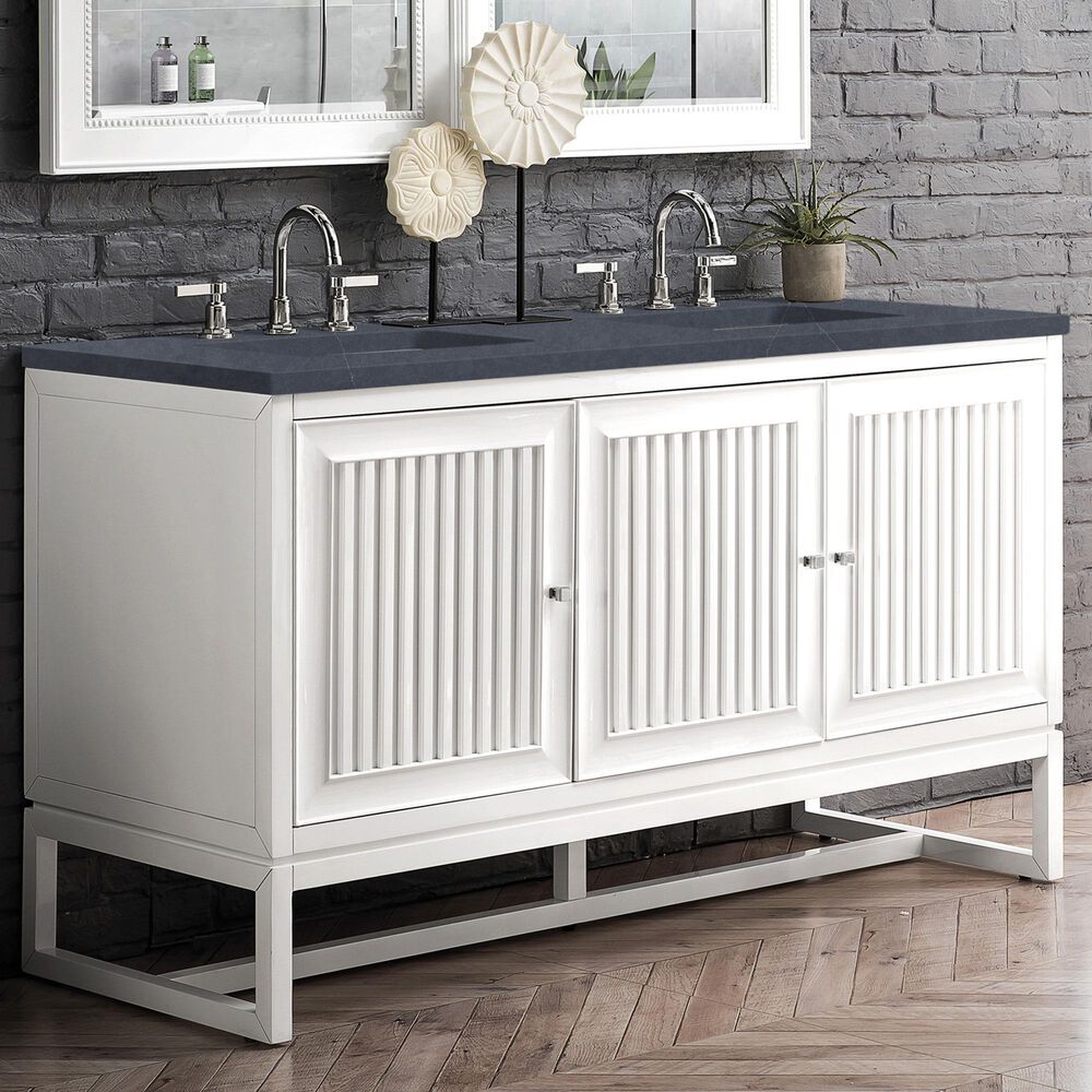 James Martin Vanities Athens 60&quot; Double Bathroom Vanity in Glossy White with 3 cm Charcoal Soapstone Quartz Top and Rectangular Sinks, , large