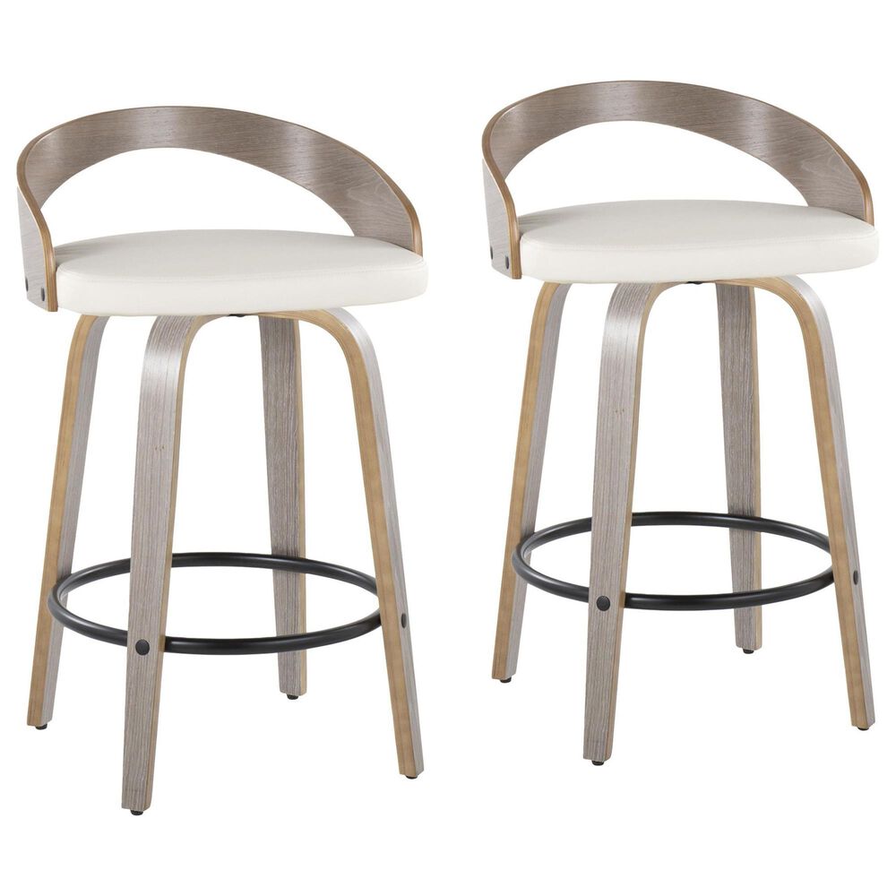 LumiSource Grotto 26" Swivel Counter Stool with White Faux Leather Upholstery in Light Grey and Black (Set of 2), , large