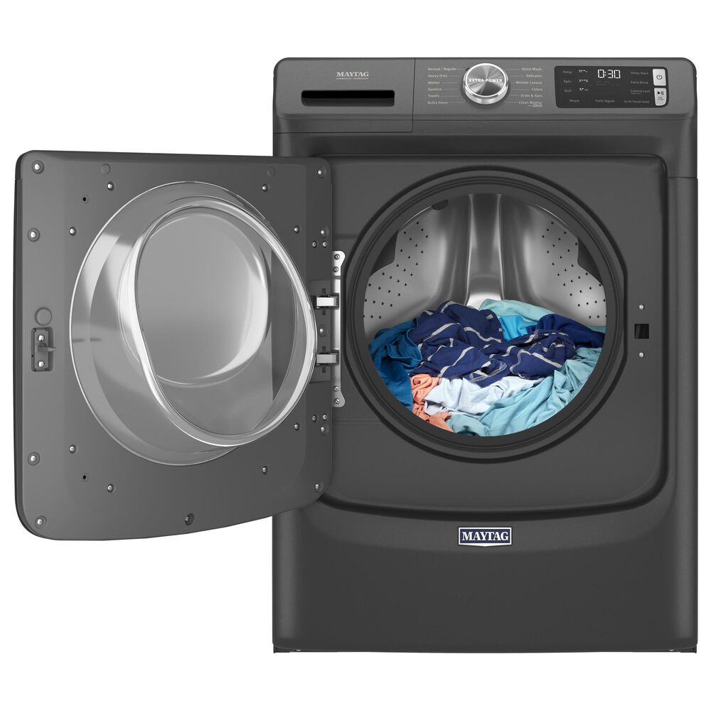 Maytag 4.8 Cu. Ft. Front Load Washer and 7.3 Cu.Ft. Gas Dryer Laundry Pair with Pedestal in Volcano Black, , large