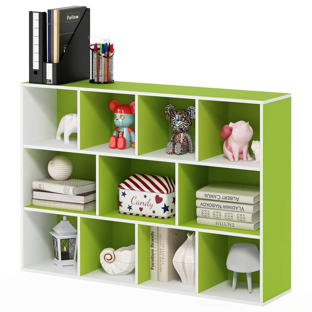 HOMLUX 11-Cube Reversible Open Shelf Bookshelf in Green and White, , large