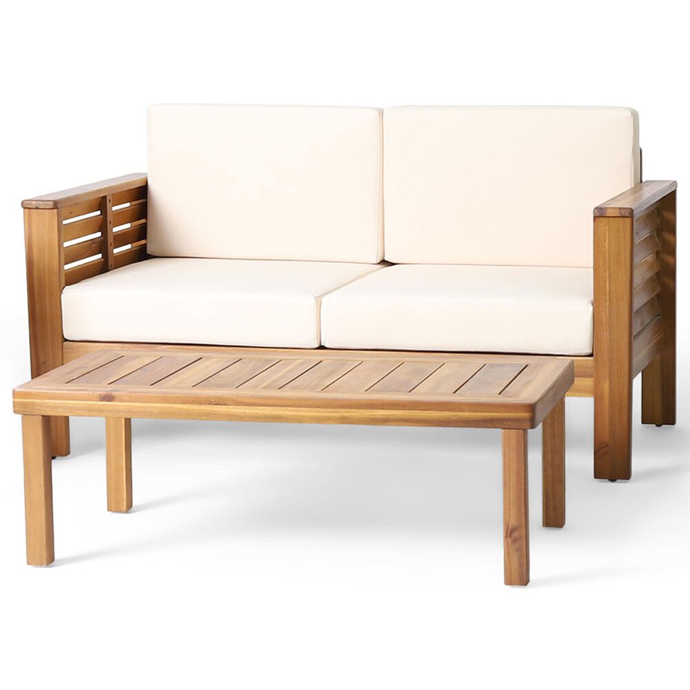 Hearth and Haven 2-Piece Patio Conversation Set with Cream Cushion in Teak, , large