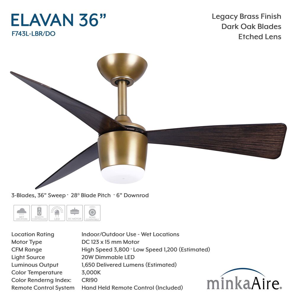 Minka-Aire Elavan 36" Indoor/Outdoor Ceiling Fan with LED Light in Legacy Brass, , large