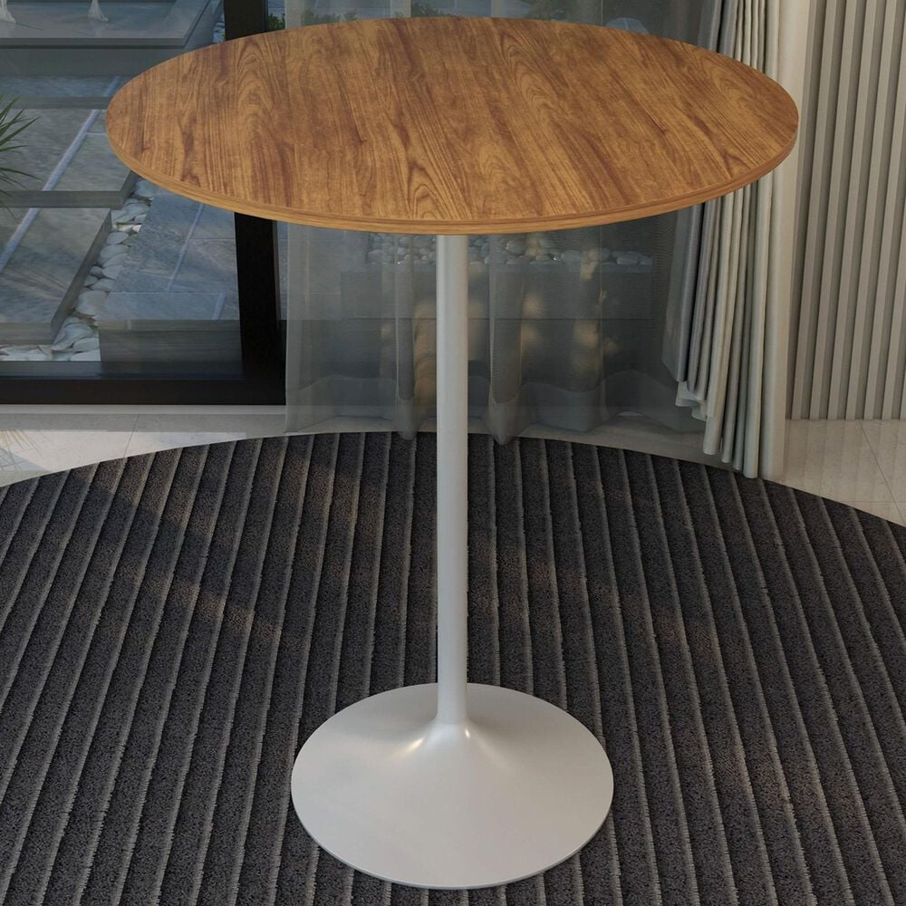 Leisuremod LeisureMod Verve Collection Modern Bar Height Table White Base with 36 Round Cognac Brown MDF Top, , large