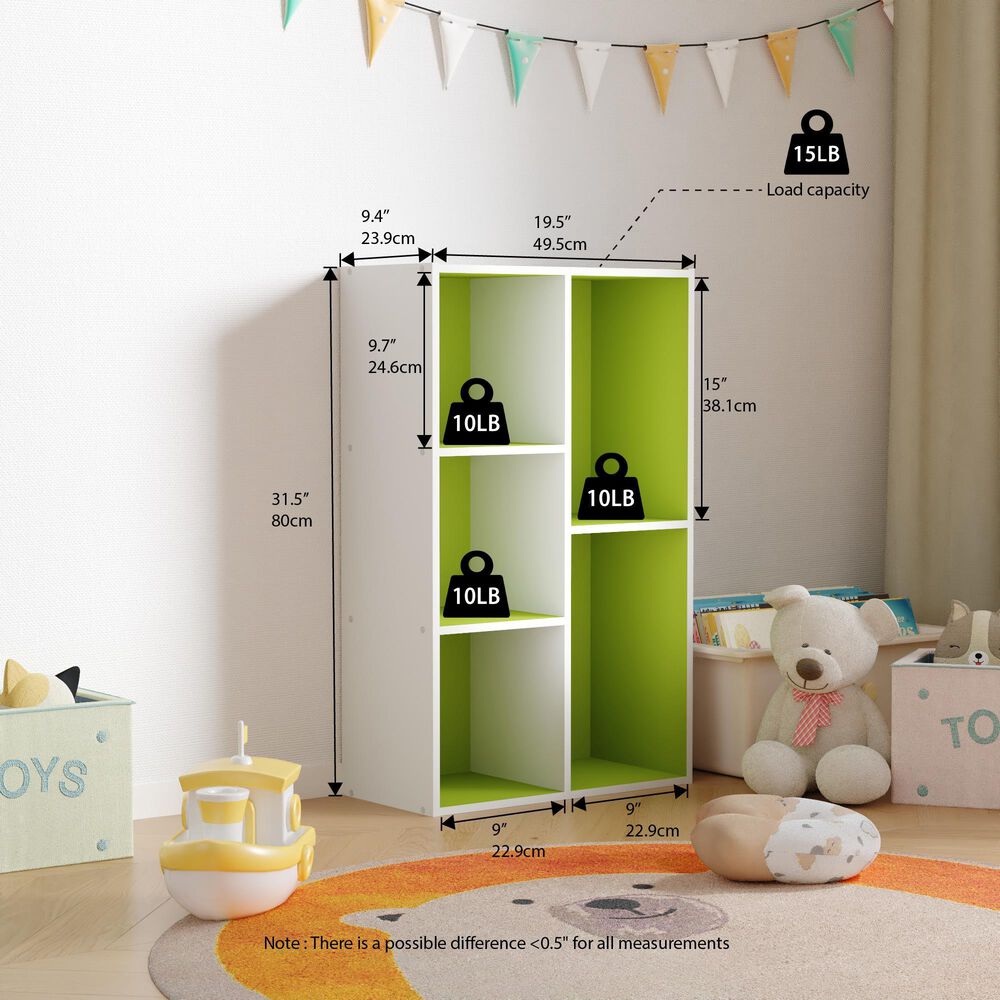 HOMLUX 5-Cube Reversible Storage Bookshelf in White and Green, , large