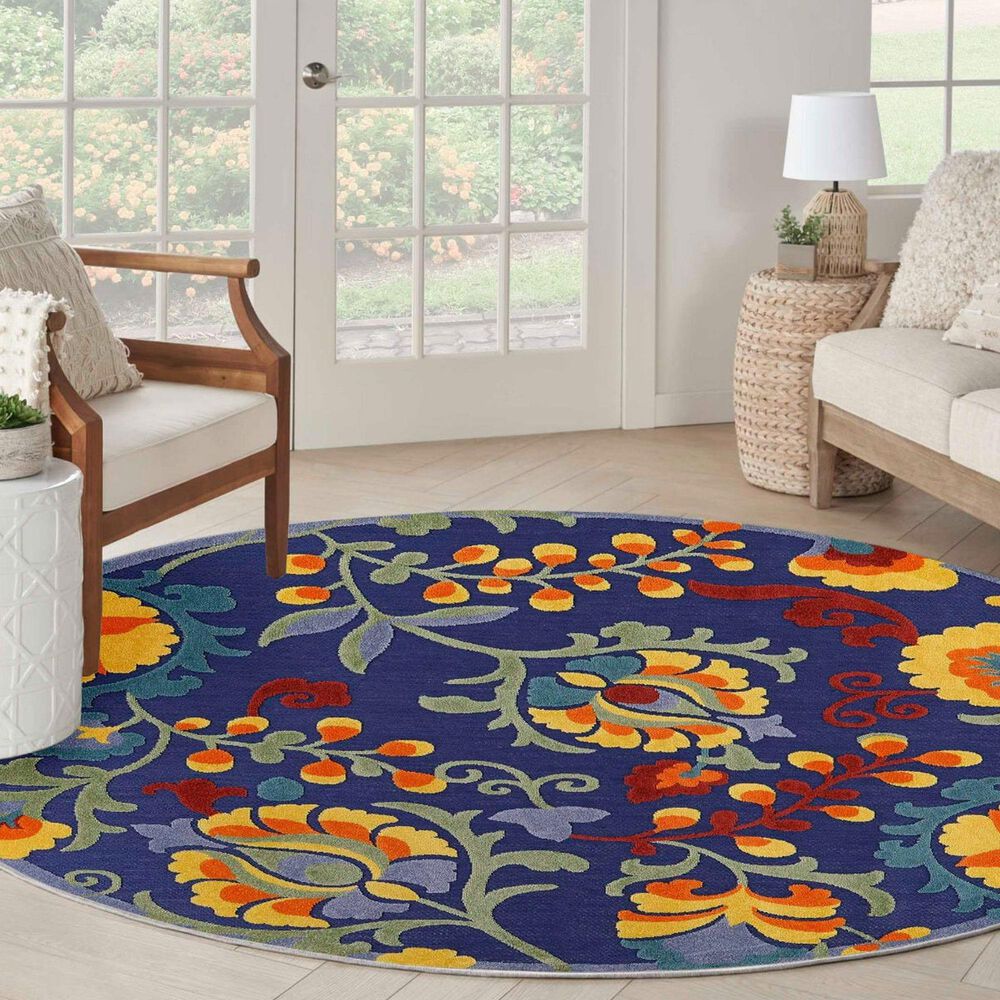 Nourison Aloha ALH17 5&#39;3&quot; Round Navy and Multicolor Indoor/Outdoor Area Rug, , large