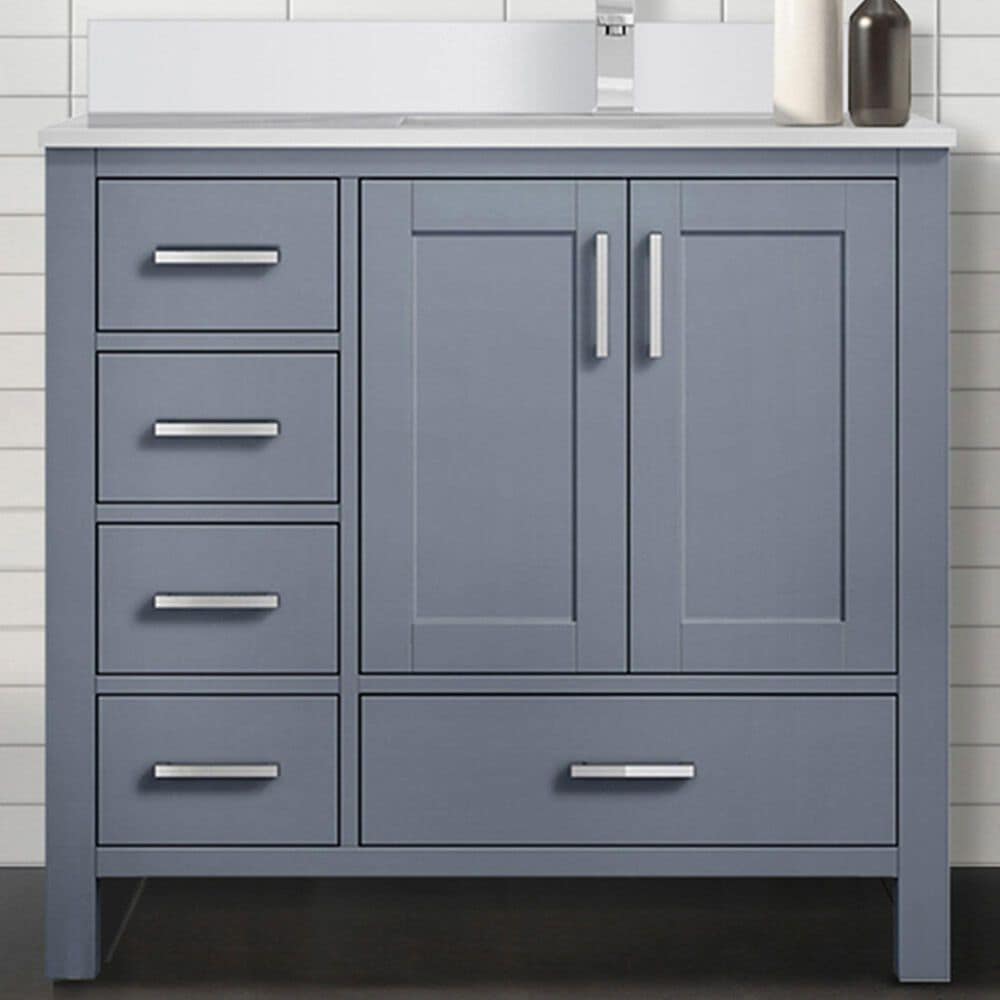 Lexora Home Jacques 36&quot; Right Offset Single Bathroom Vanity in Dark Grey with 2 cm White Cultured Marble Top and Rectangular Sink, , large