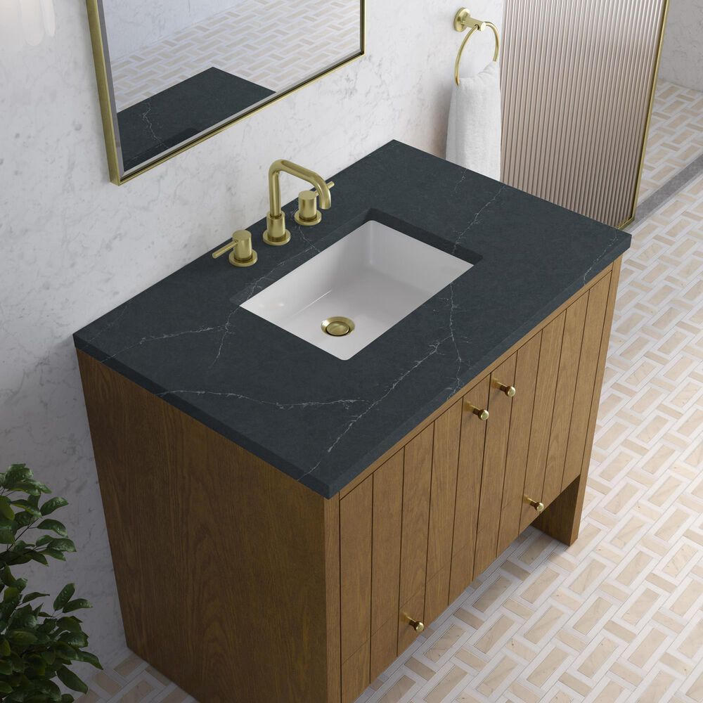 James Martin Hudson 36" Single Bathroom Vanity in Honey Oak with 3 cm Charcoal Soapstone Silestone Top and Rectangular Sink, , large