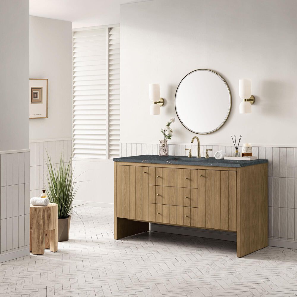 James Martin Vanities Hudson 60" Single Bathroom Vanity in Light Natural Oak with 3 cm Parisien Bleu Quartz Top, Rectangular Sink and FreePower Wireless Charger, , large