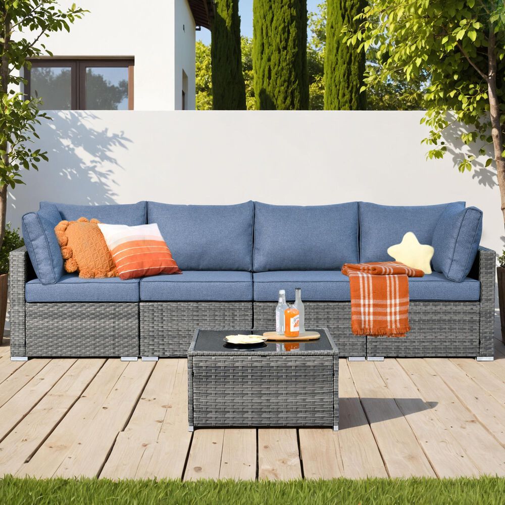 HOMLUX 5-Piece Patio Conversation Set with Grey Wicker in Denim Blue, , large