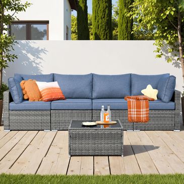 HOMLUX 5-Piece Patio Conversation Set with Grey Wicker in Denim Blue, , large