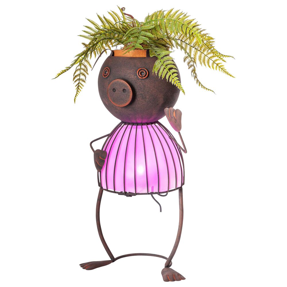 The Gerson Company 20.87" Solar Lighted Garden Pig Pot Head in Rustic Brown, , large