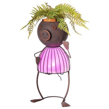 The Gerson Company 20.87" Solar Lighted Garden Pig Pot Head in Rustic Brown, , large