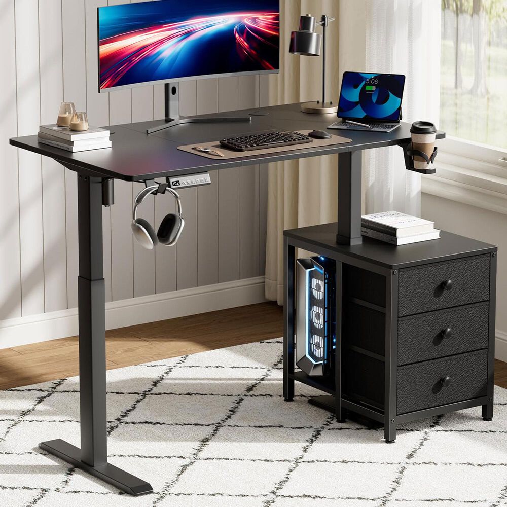 HOMLUX 47" Height-Adjustable Sit-Stand Computer Desk with Printer Cabinet in Black, , large