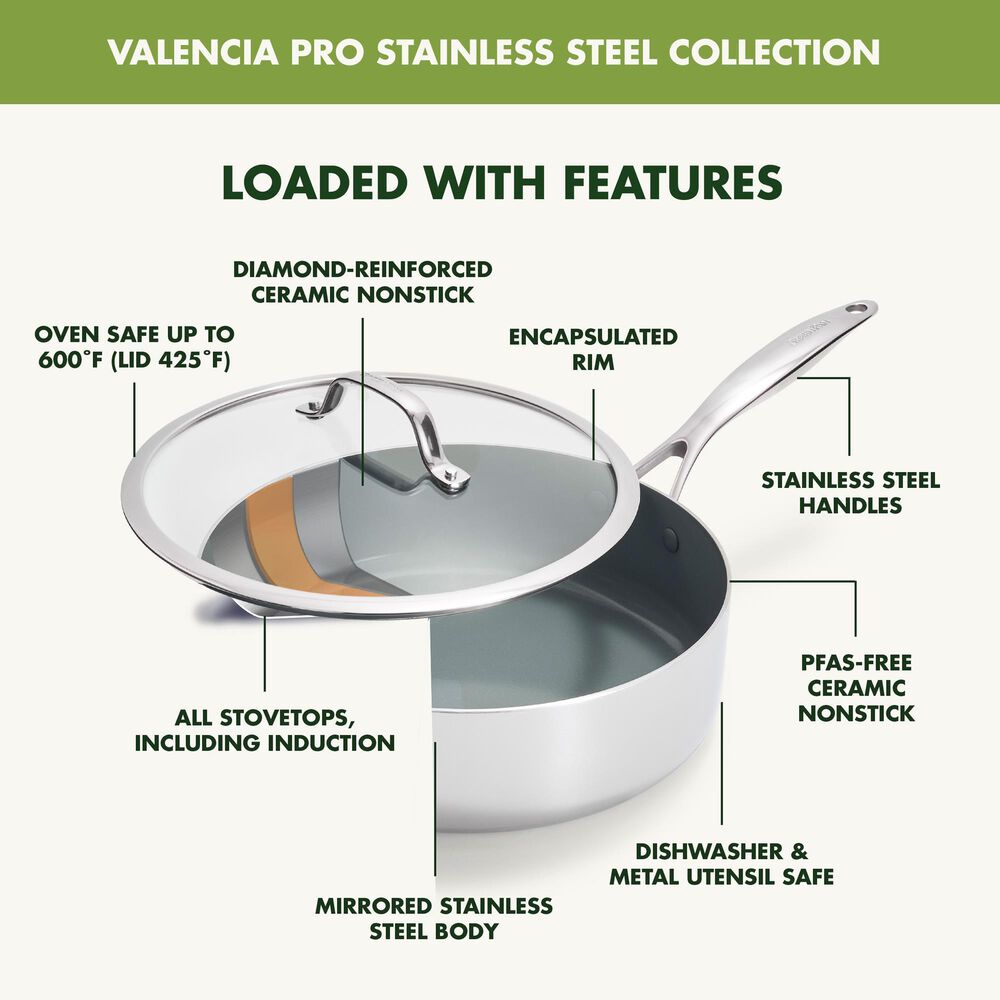 Green Pan Valencia Pro 5-Quart Saute Pan with Lid in Stainless Steel, , large