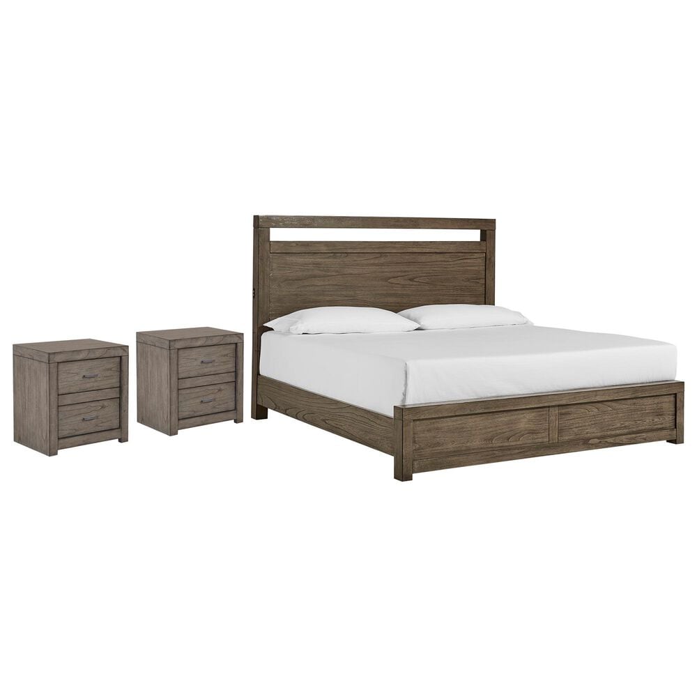 Riva Ridge Modern Loft California King Panel Bed with Two Nightstands in Greystone, , large