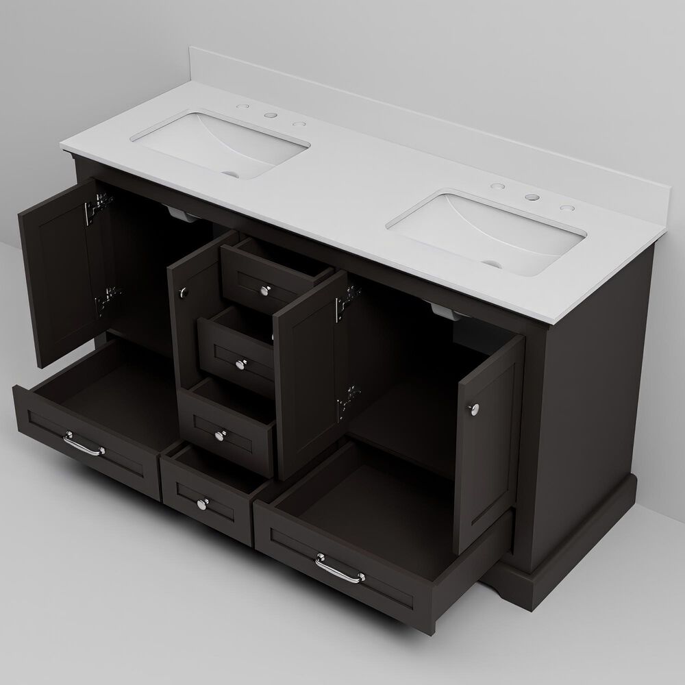 Lexora Home Dukes 60" Double Bathroom Vanity in Espresso with 2 cm White Quartz Top and Rectangular Sinks, , large
