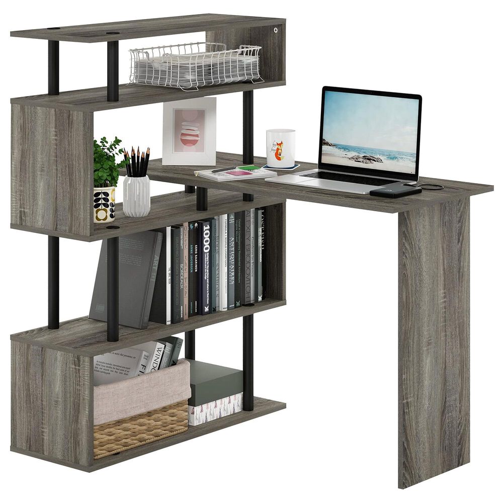 HOMLUX 5-Tier Shelves L-Shape Computer Desk in French Oak Grey and Black, , large