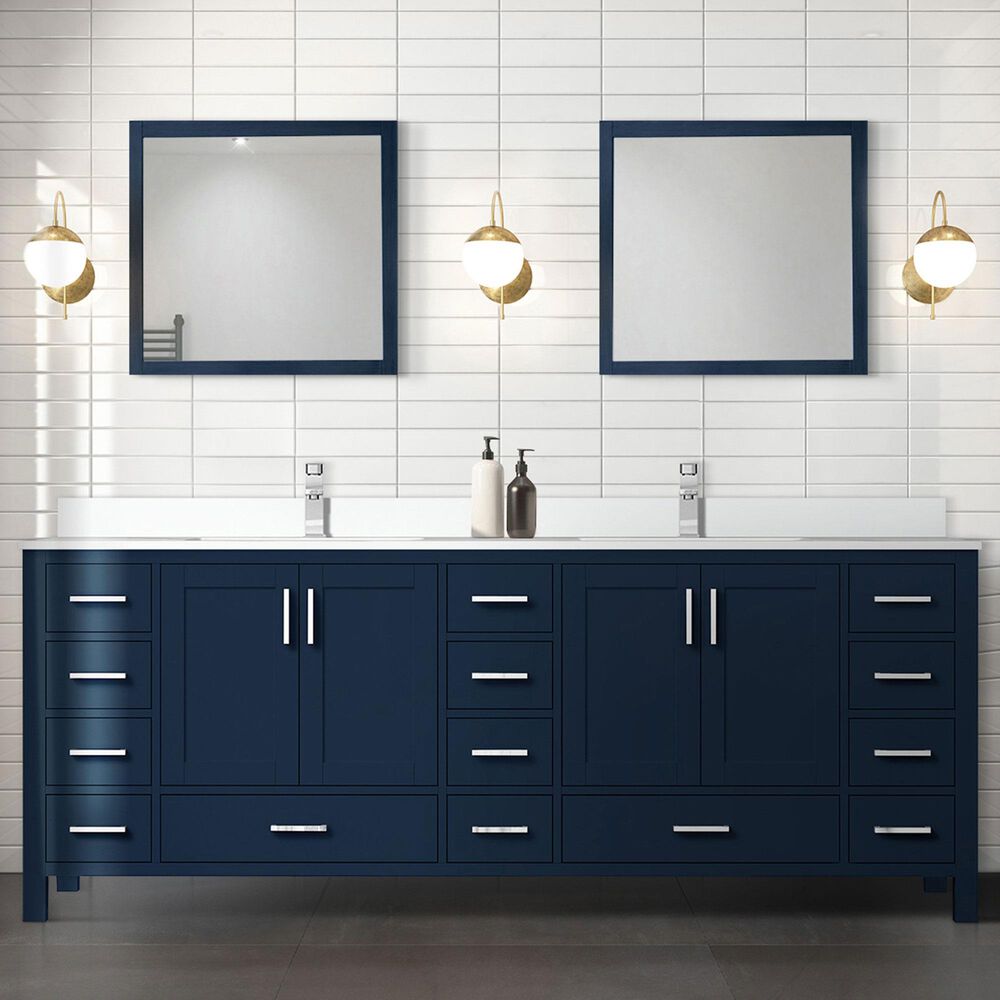 Lexora Home Jacques 84&quot; Double Bathroom Vanity in Navy Blue with 2 cm White Cultured Marble Top and Rectangular Sinks, , large