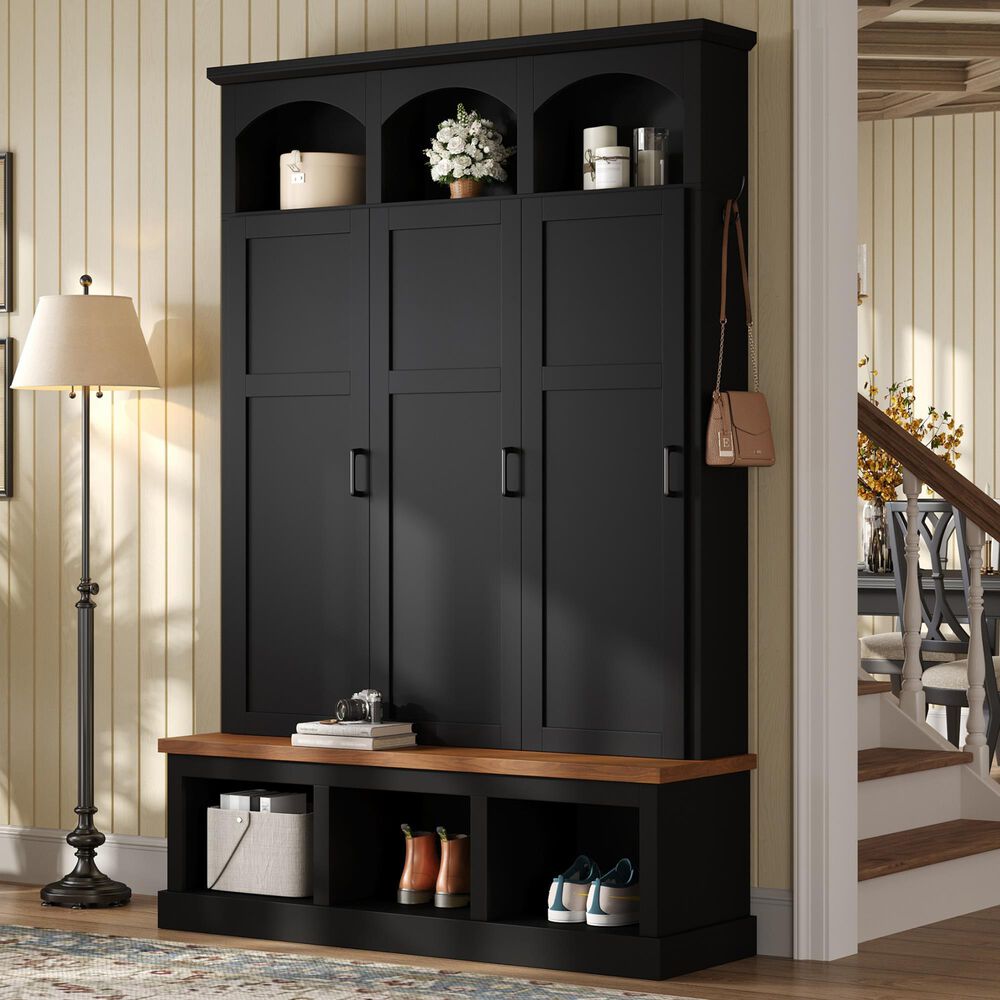 HOMLUX 5-Hook Hall Tree with 3 Hidden Storage in Black and Walnut, , large