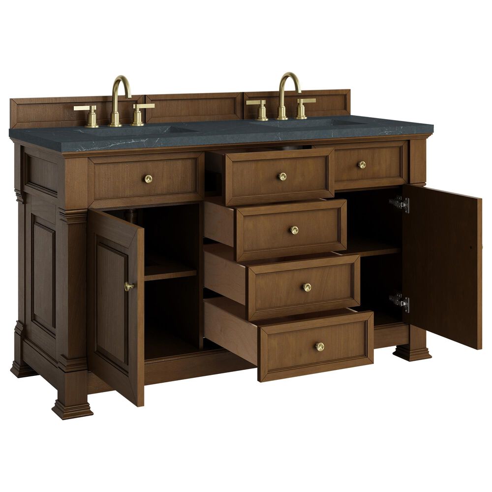 James Martin Vanities Brookfield 60" Double Bathroom Vanity in Honey Oak with 3 cm Charcoal Soapstone Quartz Top and Rectangular Sinks, , large