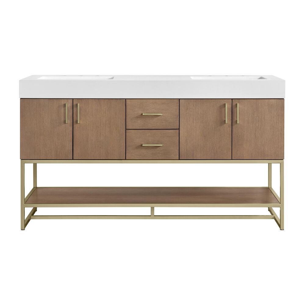 37B Mauri 60" Double Bathroom Vanity with Metal Base in Walnut Drift with High-Profile 4" White Composite Stone Top, , large