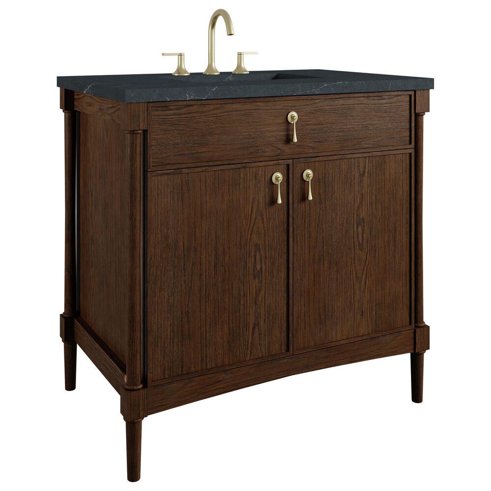 James Martin Kinnsden 36" Single Bathroom Vanity in Sable Oak with 3 cm Charcoal Soapstone Silestone Top and Rectangular Sink, , large