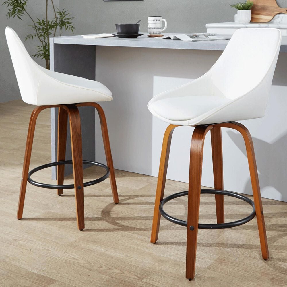 LumiSource Diana 26" Swivel Counter Stool with White Faux Leather Upholstery in Walnut and Black (Set of 2), , large