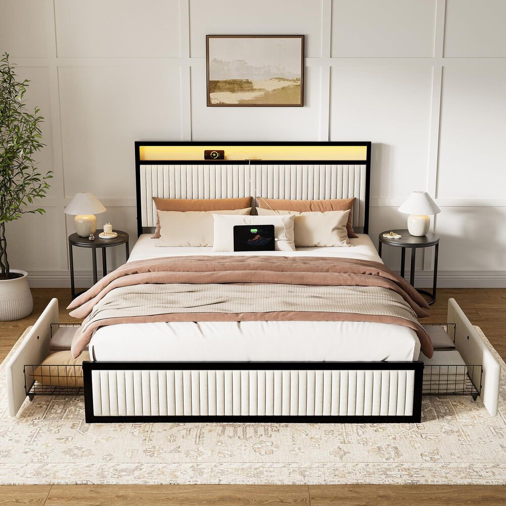 HOMLUX Full 2-Drawer Storage Bed with LED Headboard and USB Ports in Beige, , large