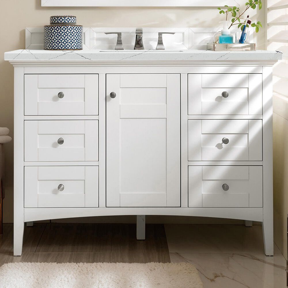 James Martin Vanities Palisades 48&quot; Single Bathroom Vanity in Bright White with 3 cm Ethereal Noctis Quartz Top and Rectangular Sink, , large