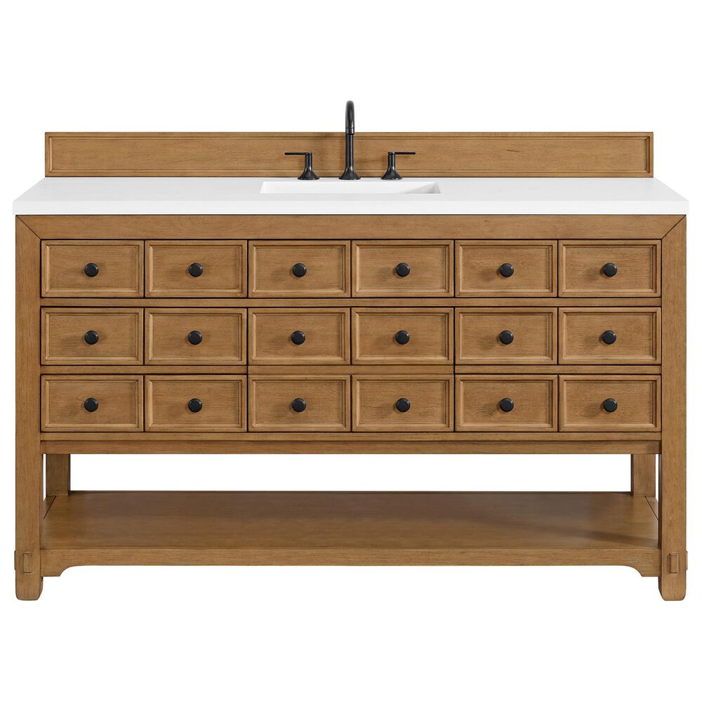James Martin Vanities Malibu 60" Single Bathroom Vanity in Amber Birch with 3 cm White Zeus Quartz Top and Rectangular Sink, , large