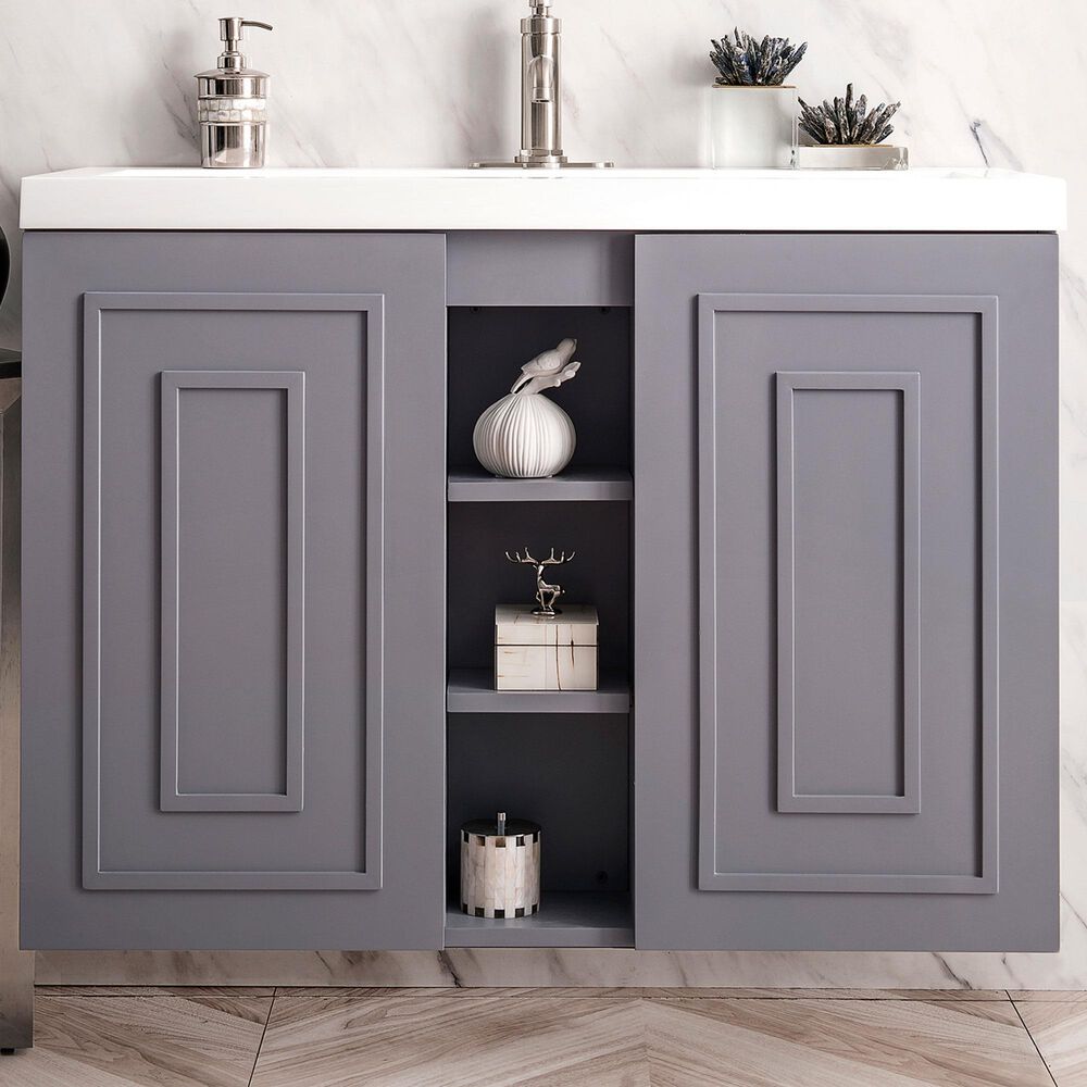 James Martin Vanities Alicante 39.5&quot; Single Bathroom Vanity in Grey Smoke with 5 cm White Glossy Resin Top and Rectangular Sink, , large