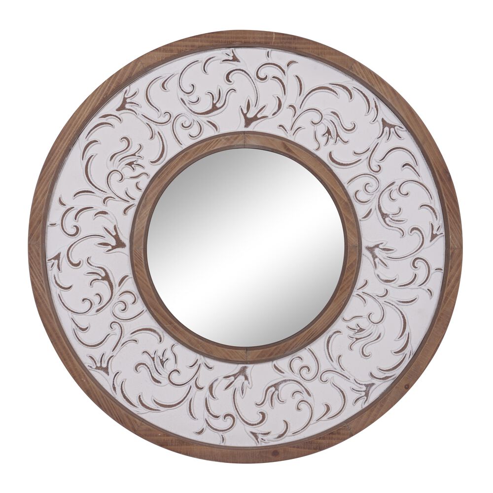 Maple and Jade 32" Round Wall Mirror in Distressed White, , large
