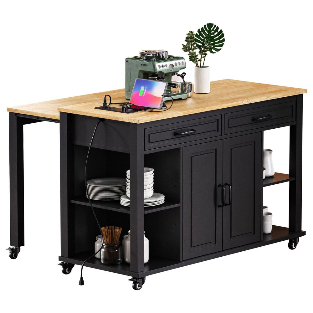 HOMLUX 47" Kitchen Island with Extendable Dining Table in Black and Natural, , large