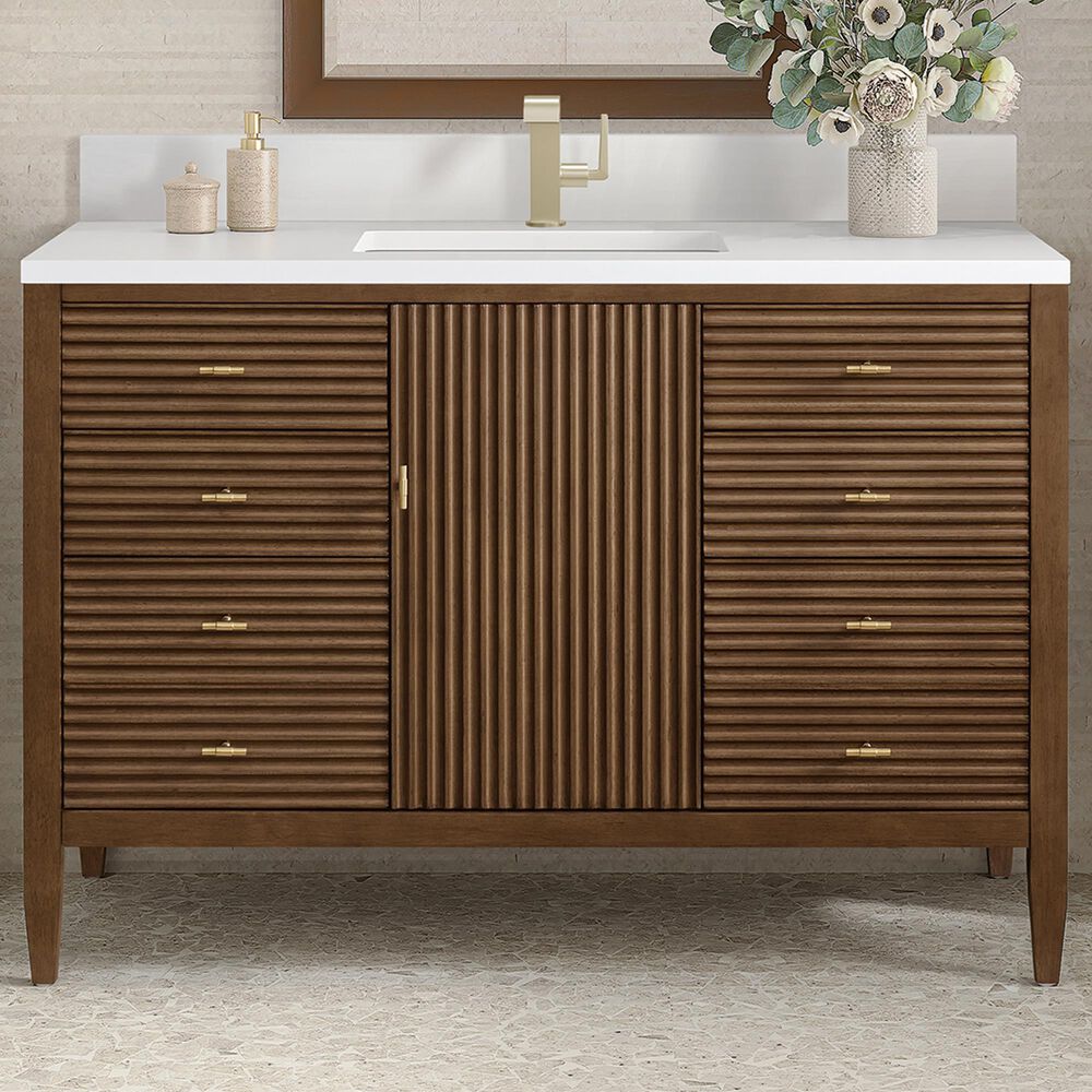 James Martin Vanities Myrrin 48&quot; Vanity in Mid-Century Walnut with Single Hole and 3 cm White Zeus Quartz Top &amp; Backsplash, , large