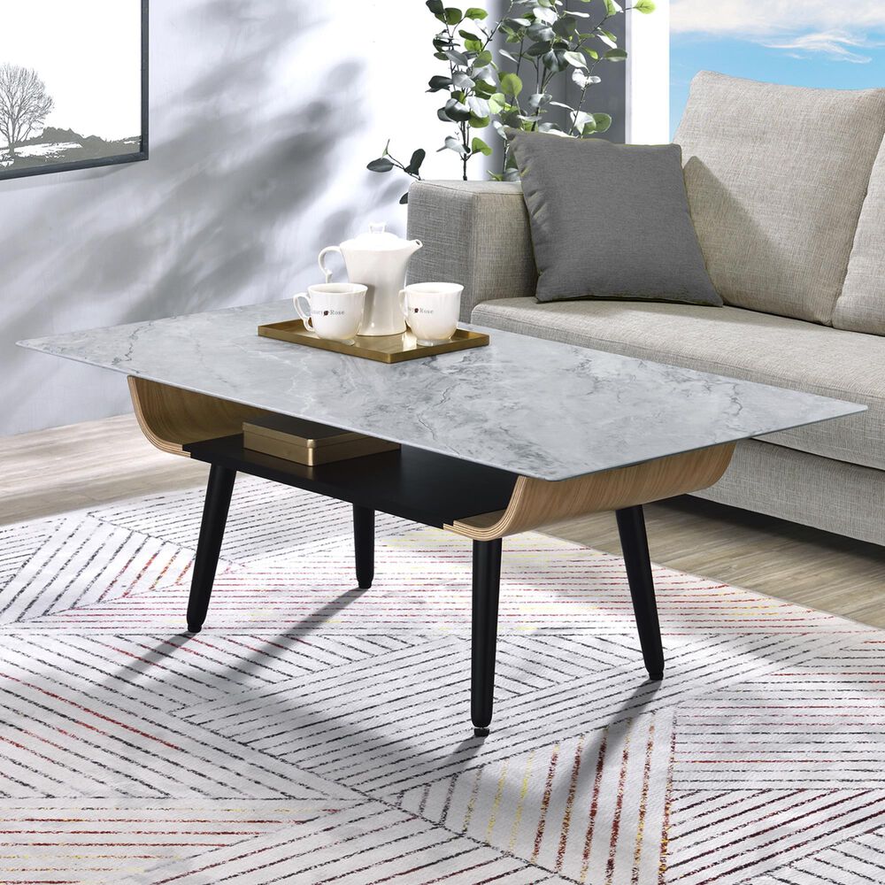 HOMLUX 47" Coffee Table with Marble Glass Top in Gray and Black, , large