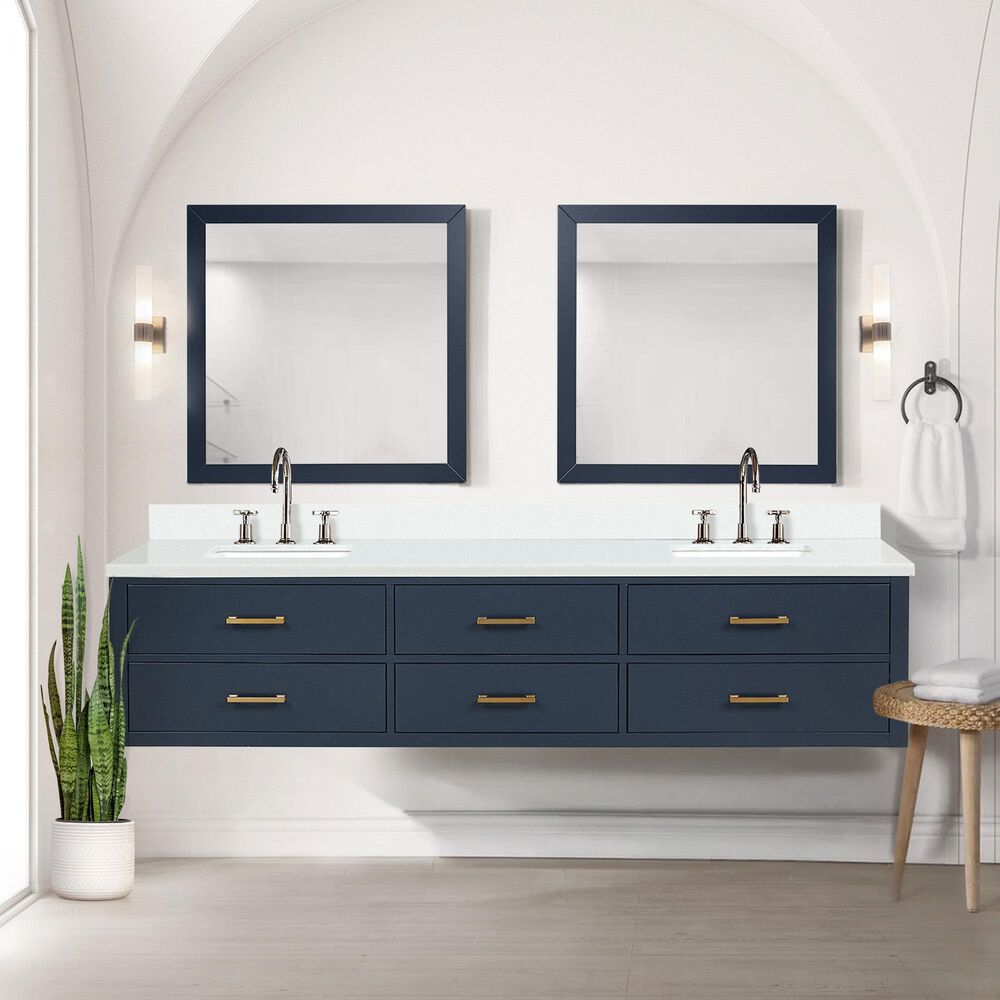 Lexora Home Castor 84&quot; Double Bathroom Vanity in Blue with 2 cm White Quartz Top and Rectangular Sinks, , large