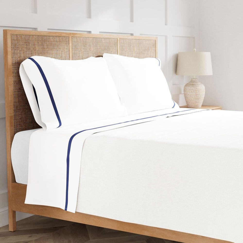 Ann Gish Ready-to-Bed 2.0 Cotton with Trim 4-Piece Queen Sheet Set in White and Navy, , large