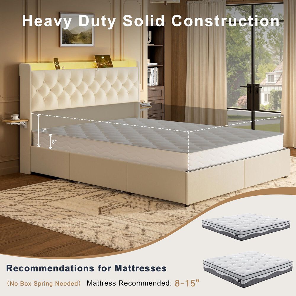HOMLUX Queen Upholstered Platform Storage Bed in Beige, , large