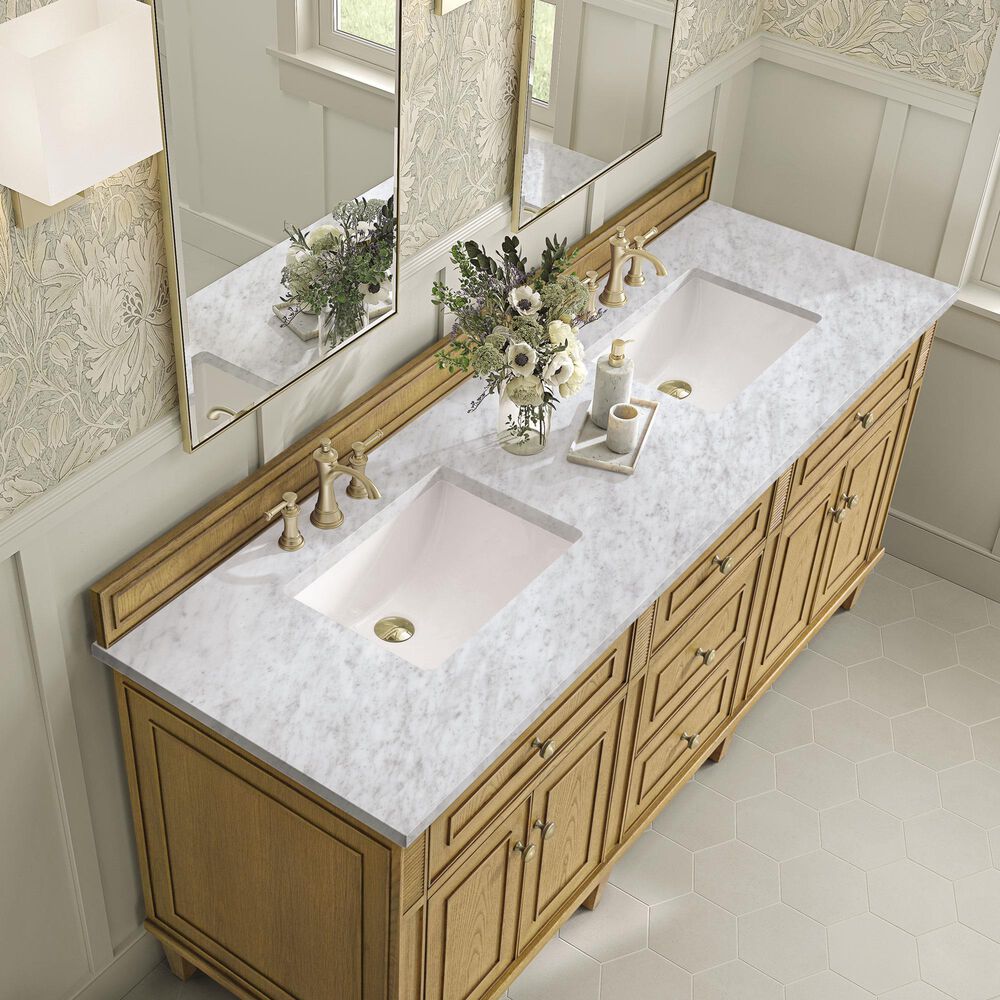 James Martin Vanities Lorelai 72&quot; Double Vanity in Light Natural Oak with 3 cm Carrara White Marble Top, , large