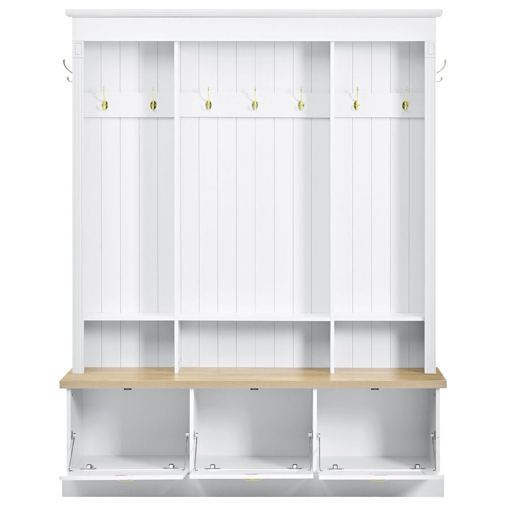 HOMLUX 9-Hook Hall Tree with 3-Cabinet in White and Natural, , large