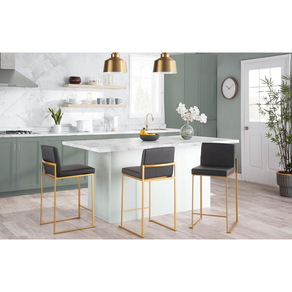 Lumisource Fuji High Back Counter Stool with Grey Faux Leather Cushion in Gold &#40;Set of 2&#41;, , large