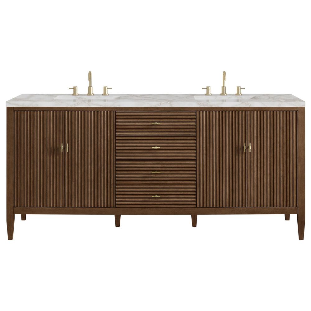James Martin Vanities Myrrin 72" Double Bathroom Vanity in Mid-Century Walnut with 3 cm Eternal Jasmine Pearl Silestone Top, Rectangular Sinks and FreePower Wireless Charger, , large