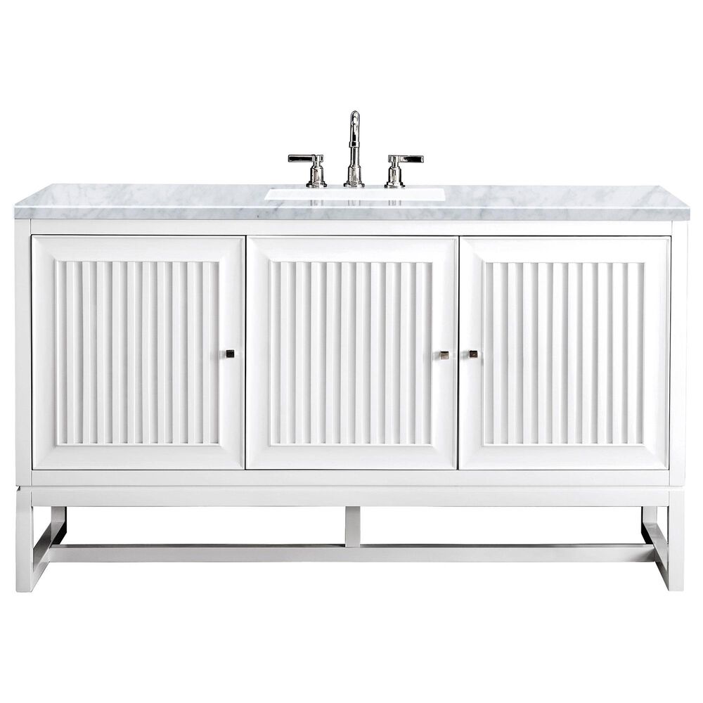James Martin Vanities Athens 60" Single Bathroom Vanity in Glossy White with 3 cm Carrara White Marble Top and Rectangular Sink, , large