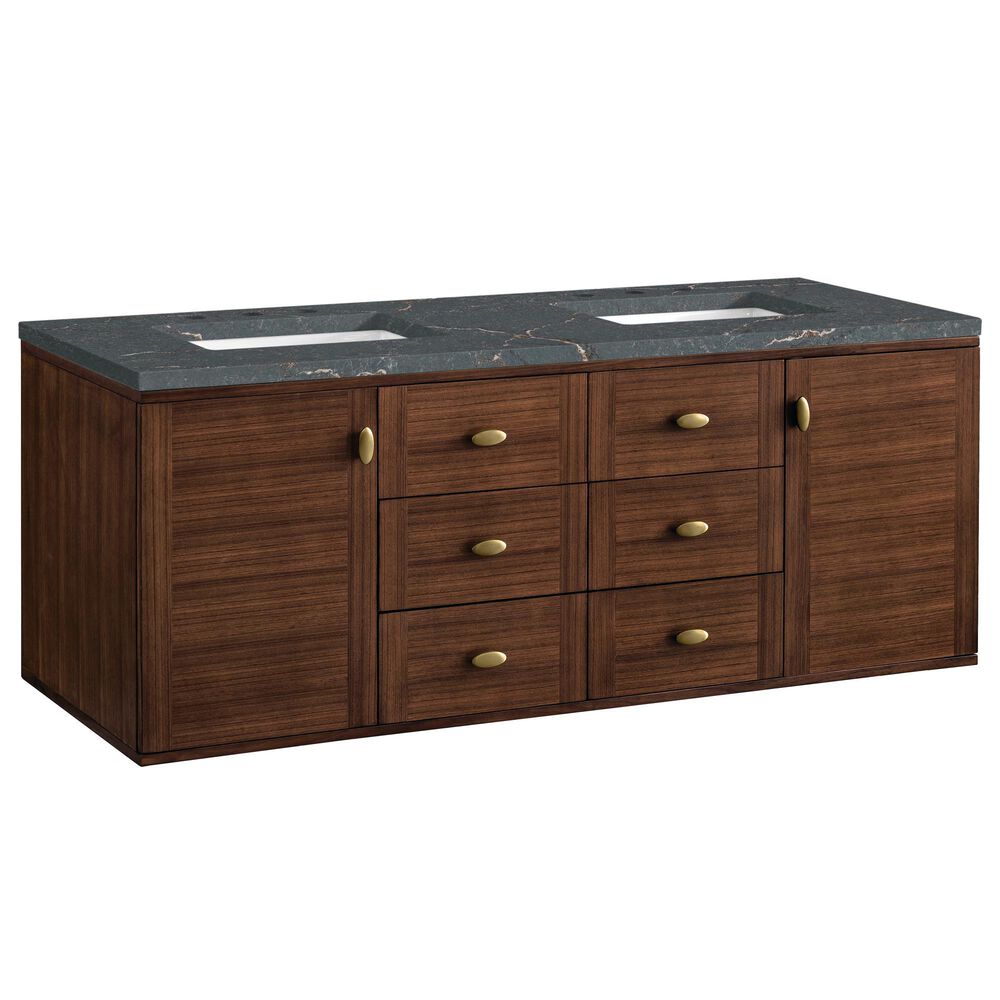 James Martin Vanities Amberly 60&quot; Double Bathroom Vanity in Mid-Century Walnut with 3 cm Parisien Bleu Quartz Top and Rectangular Sinks, , large