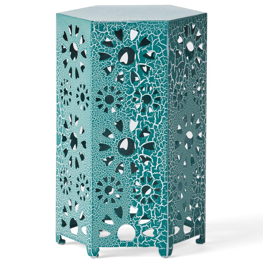 Hearth and Haven Galore 14" Outdoor Hexagon Metal Side Table with Sunburst Cut Out Design in Teal, , large