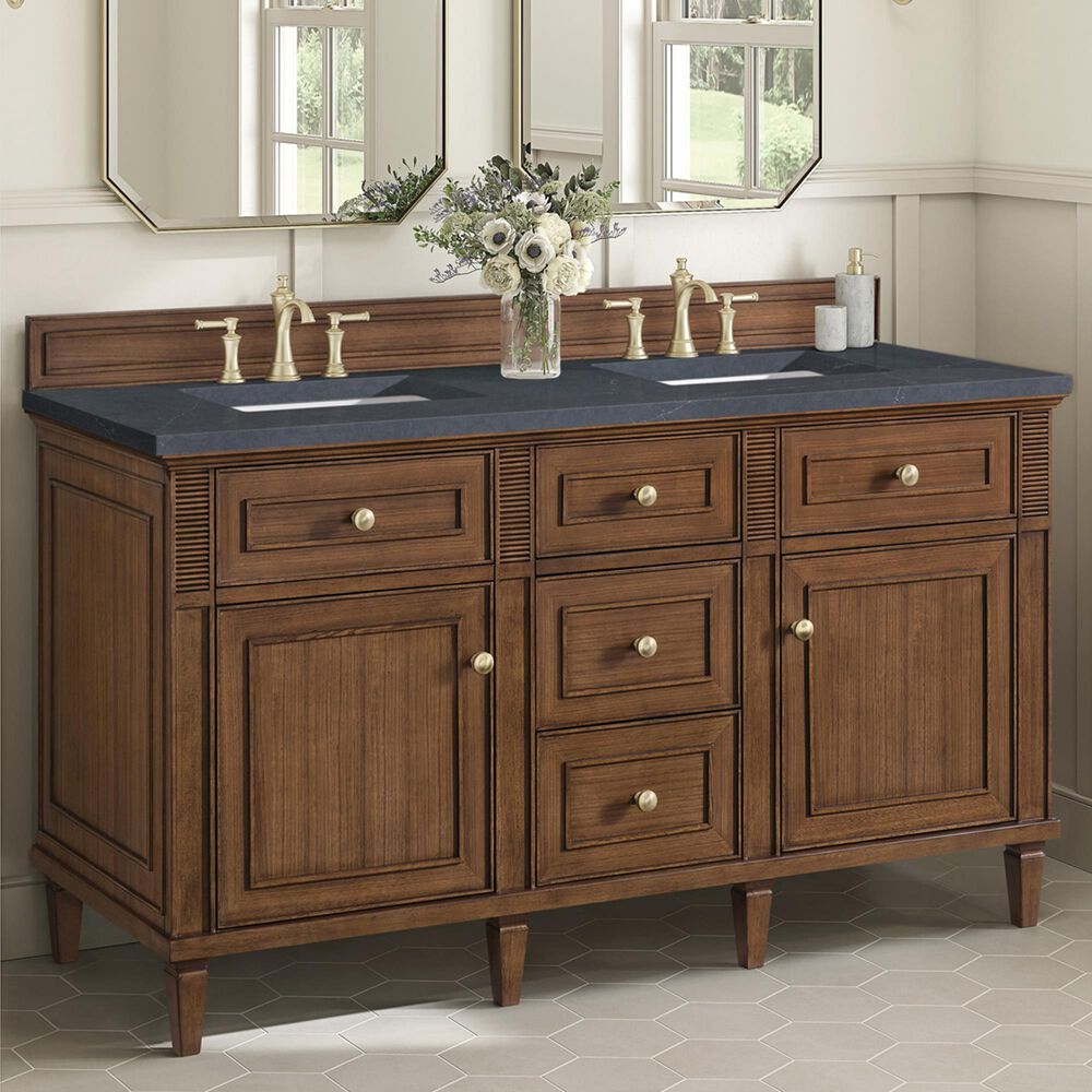 James Martin Vanities Lorelai 60&quot; Double Vanity in Mid-Century Walnut with 3 cm Charcoal Soapstone Quartz Top, , large