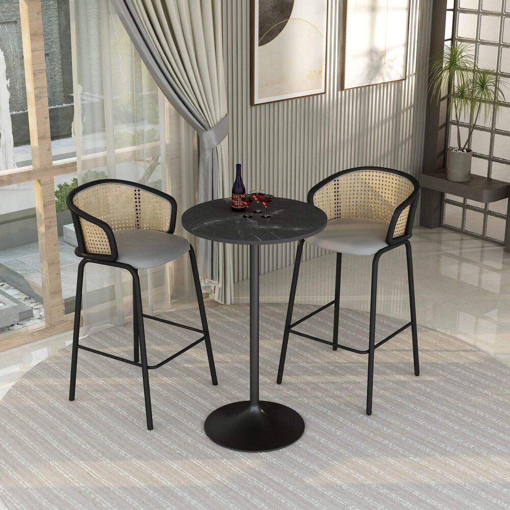 Leisuremod LeisureMod Verve Collection Modern Bar Height Table Black Base with 27 Round Black Marbleized MDF Top, , large