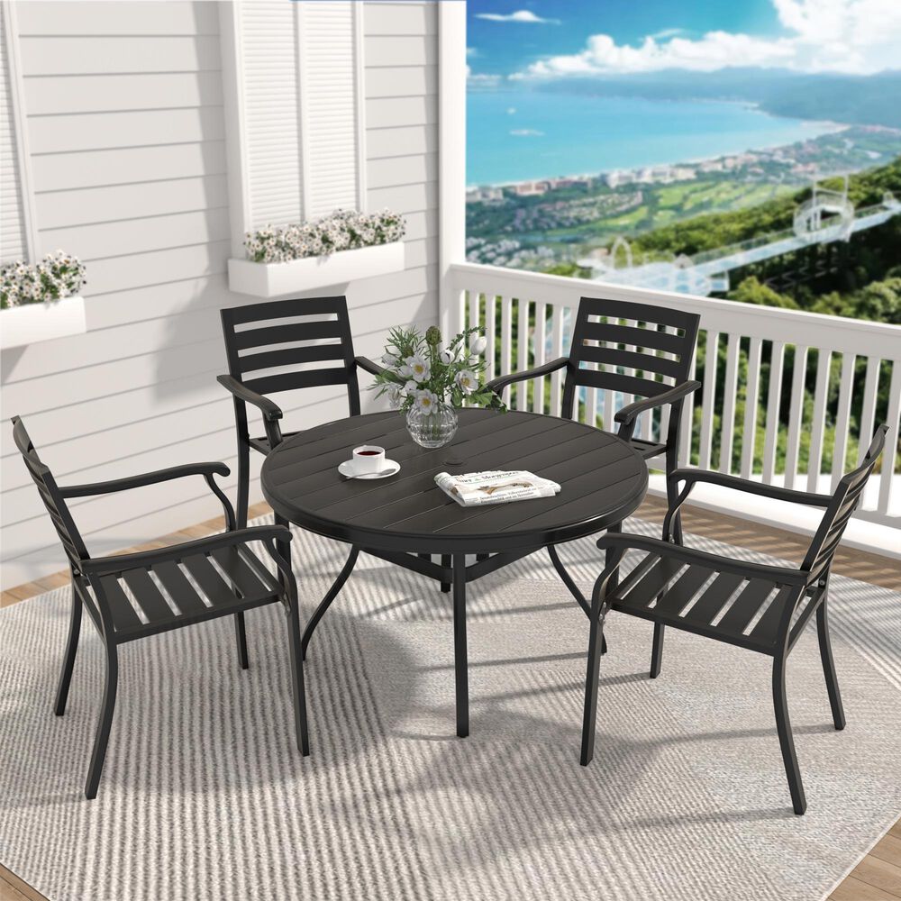 Hearth and Haven Outdoor 41" Round Dining Table with Umbrella Hole in Black - Table Only, , large
