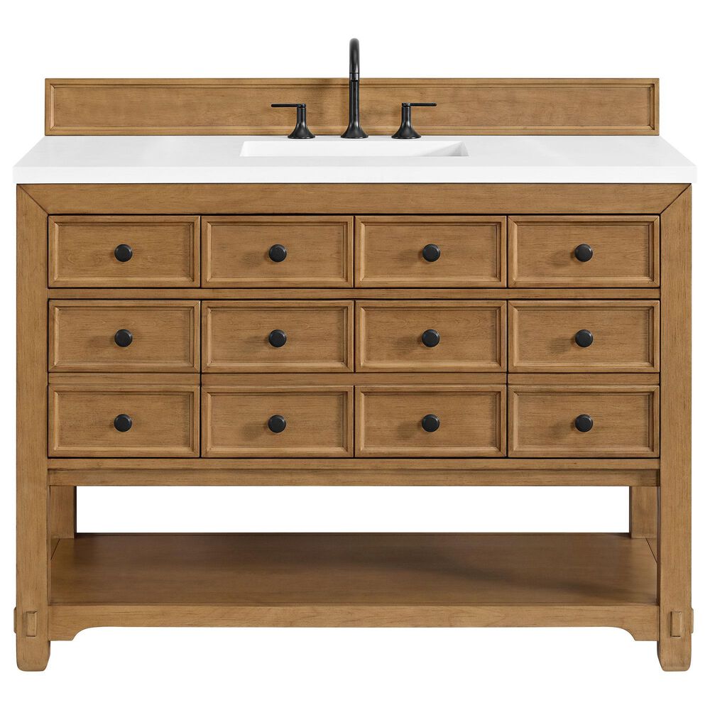 James Martin Malibu 48&quot; Single Bathroom Vanity in Amber Birch with 3 cm White Zeus Quartz Top and Rectangular Sink, , large
